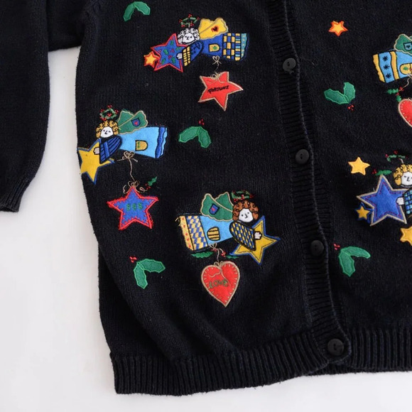 Vintage The Quacker Factory Black Embroidered Angels Cardigan Knit  Sweater M - Picture 7 of 12